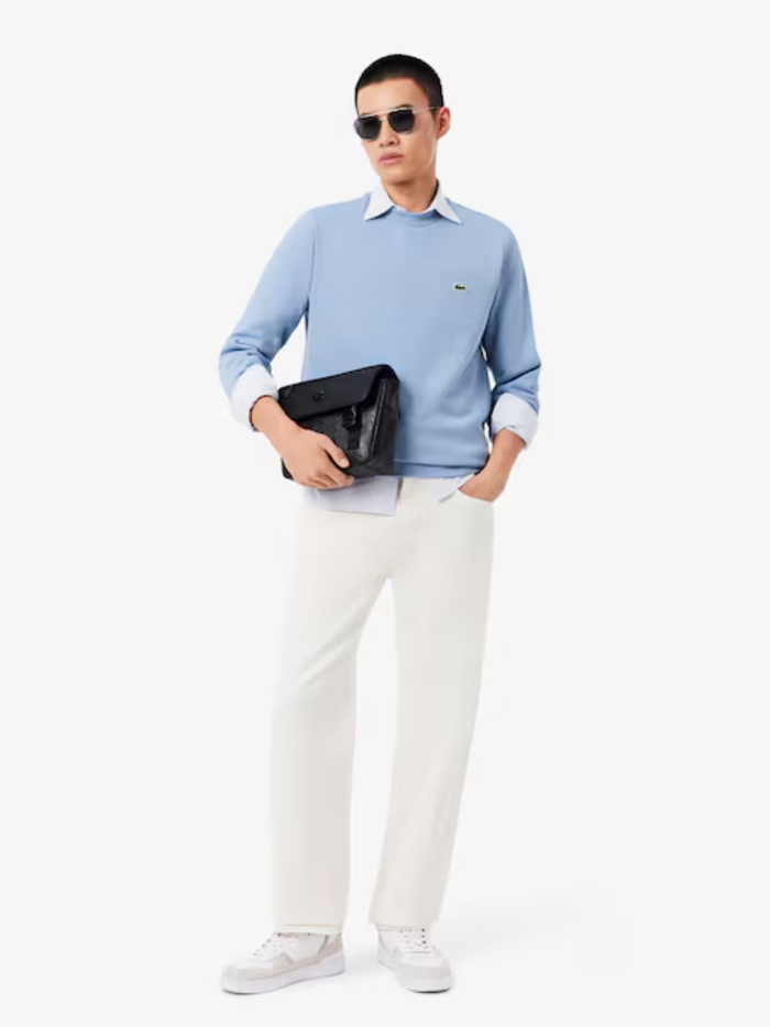 LACOSTE Fleece Crew Neck Sweatshirt Light Blue - MAISONDEFASHION.COM
