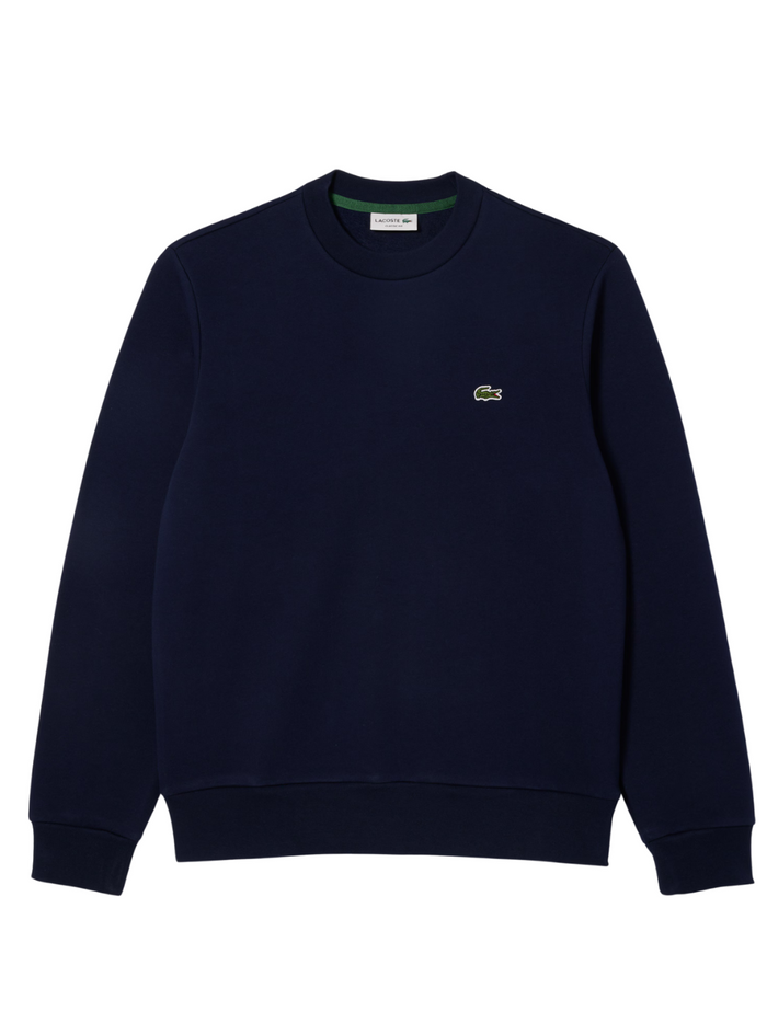 LACOSTE Fleece Crew Neck Sweatshirt in Midnight Blue - front view showing classic crew neckline and iconic crocodile logo