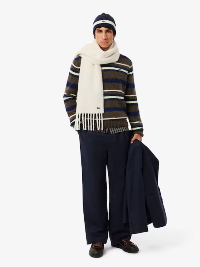 LACOSTE Fringed Alpaca Wool Scarf Ecru White - MAISONDEFASHION.COM