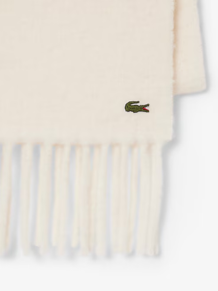 LACOSTE Fringed Alpaca Wool Scarf Ecru White - MAISONDEFASHION.COM