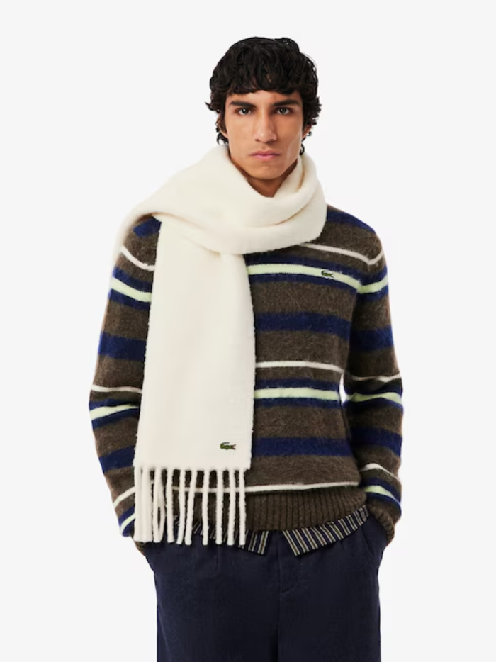 LACOSTE Fringed Alpaca Wool Scarf Ecru White - MAISONDEFASHION.COM