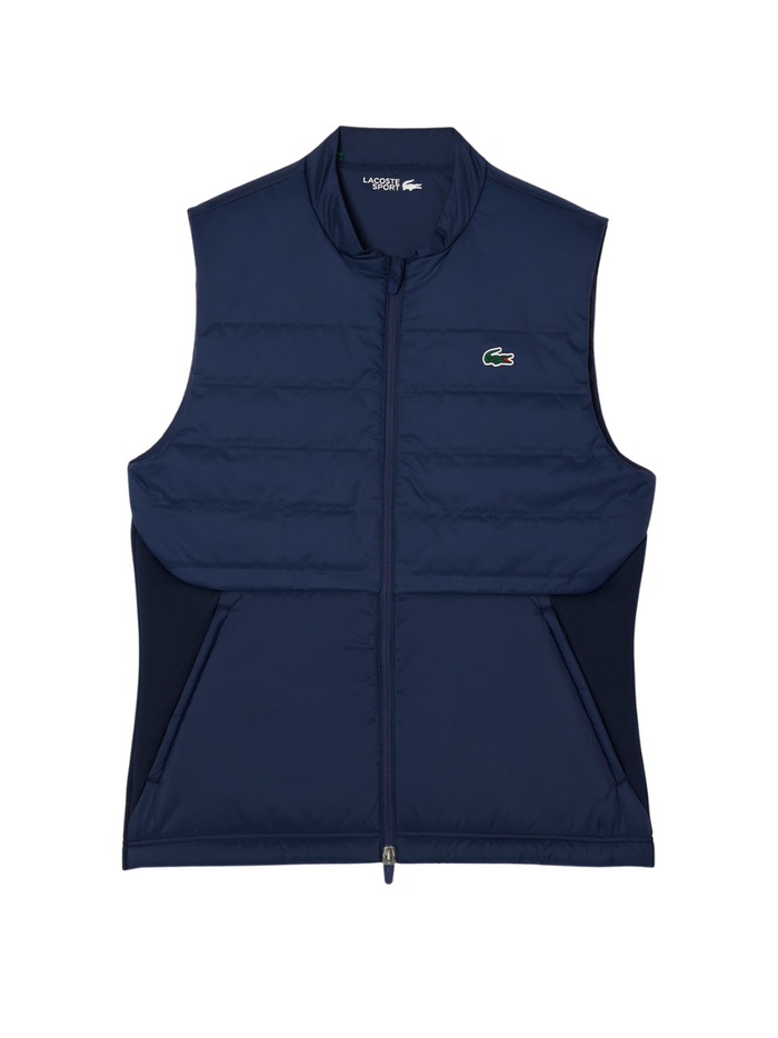 LACOSTE Golf Quilted Vest in Navy - front view showing sleeveless quilted vest with LACOSTE golf branding