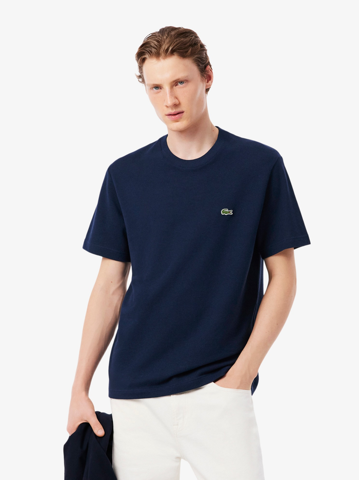 LACOSTE Heavy Cotton and Linen Piqué T-shirt Midnight Blue - MAISONDEFASHION.COM