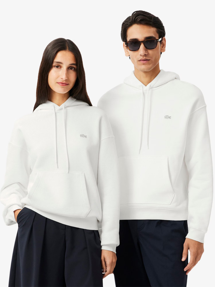 LACOSTE Heavy Fleece Hoodie White - MAISONDEFASHION.COM