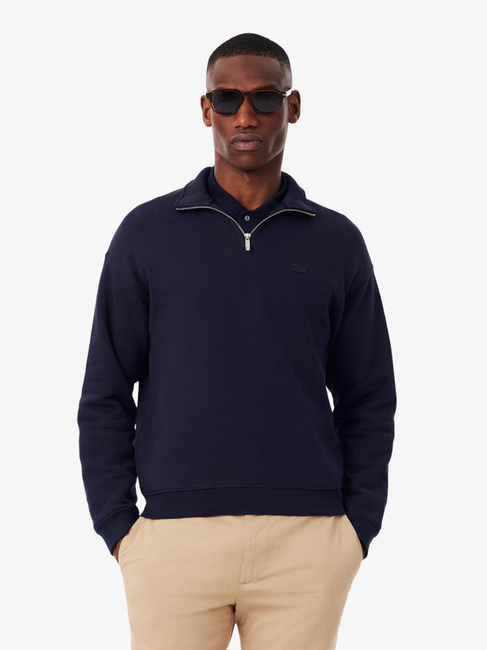 LACOSTE Heavy Fleece Zipper Neck Sweatshirt Midnight Blue - MAISONDEFASHION.COM