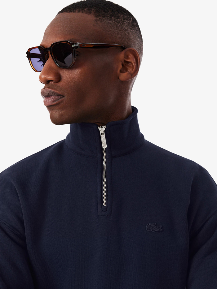 LACOSTE Heavy Fleece Zipper Neck Sweatshirt Midnight Blue - MAISONDEFASHION.COM