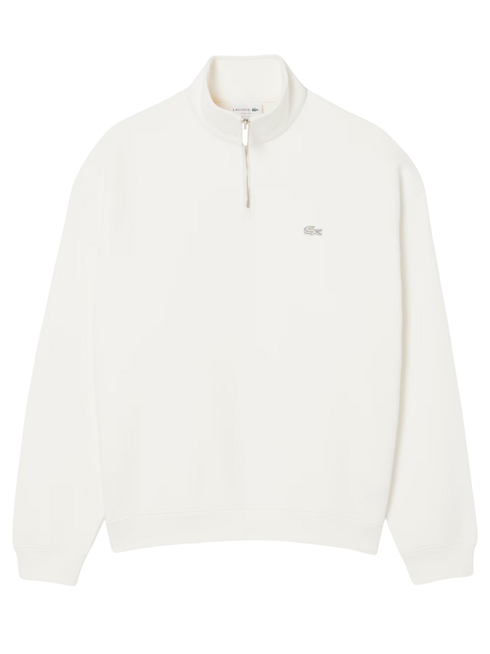LACOSTE Heavy Fleece Zipper Neck Sweatshirt White - MAISONDEFASHION.COM