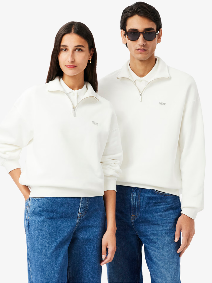 LACOSTE Heavy Fleece Zipper Neck Sweatshirt White - MAISONDEFASHION.COM