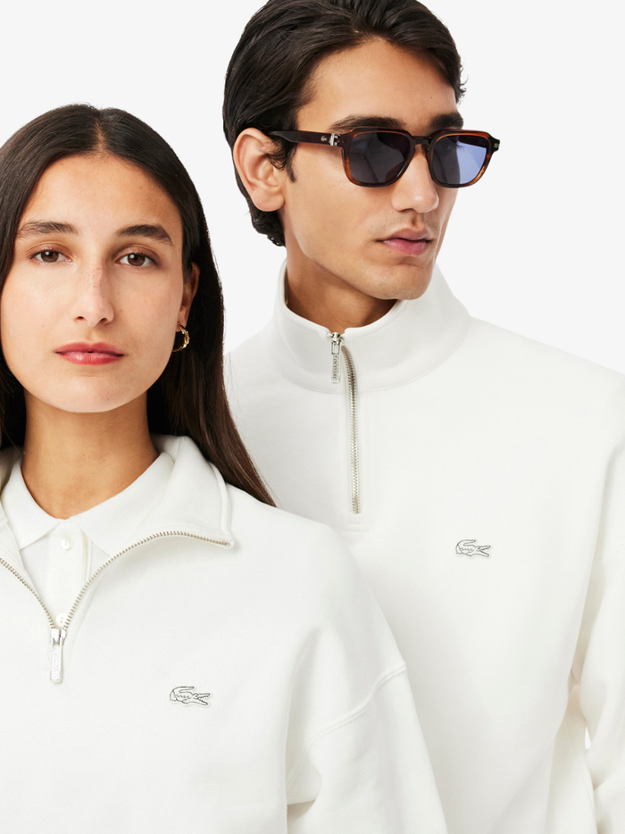 LACOSTE Heavy Fleece Zipper Neck Sweatshirt White - MAISONDEFASHION.COM