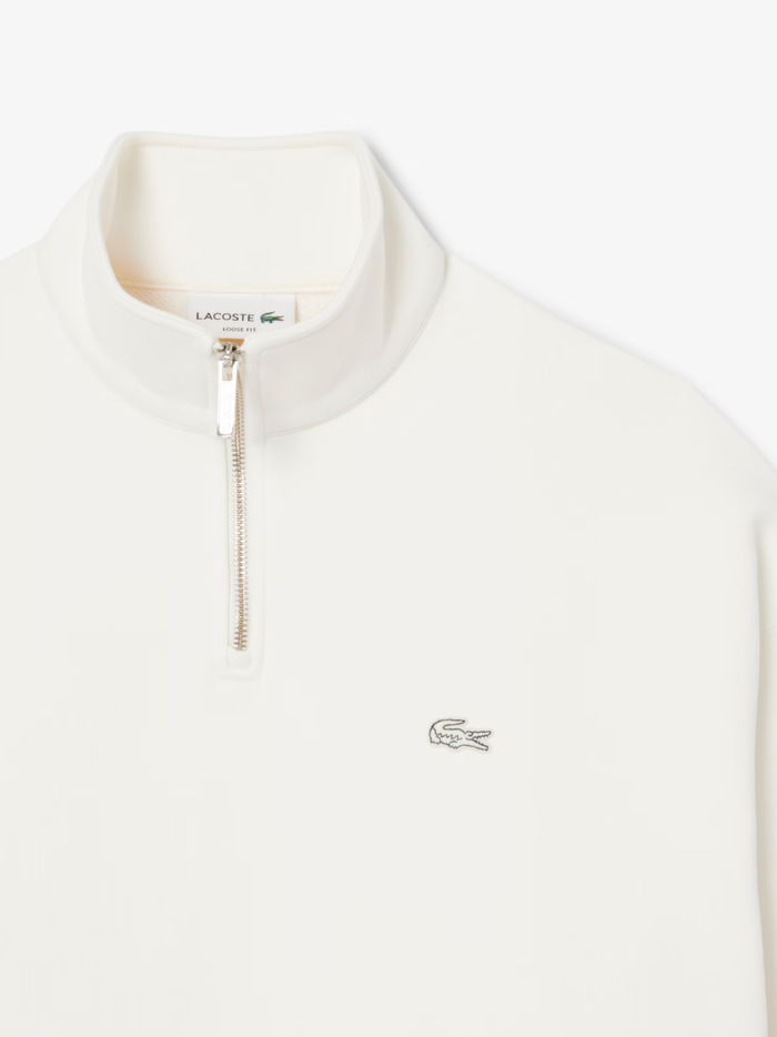 LACOSTE Heavy Fleece Zipper Neck Sweatshirt White - MAISONDEFASHION.COM