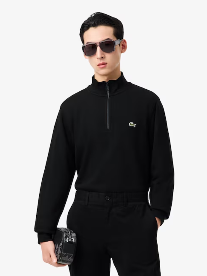 LACOSTE High Neck Zipped Fleece Sweatshirt Black - MAISONDEFASHION.COM