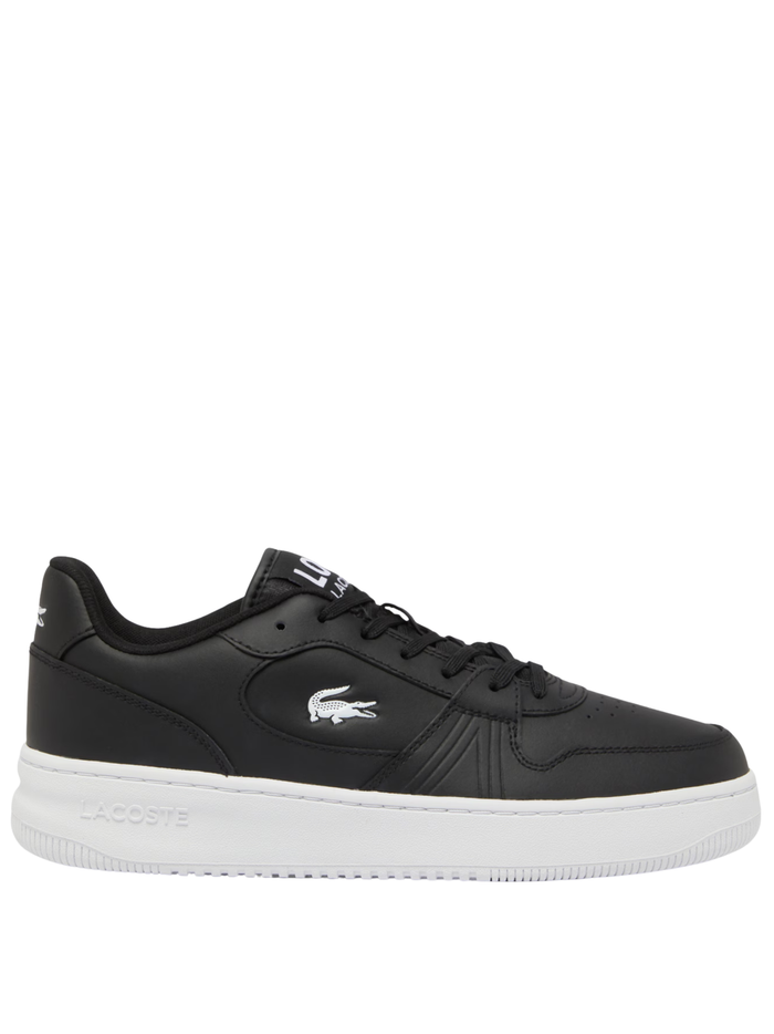 LACOSTE L001 Set black leather sneakers with white sole and green crocodile logo side view