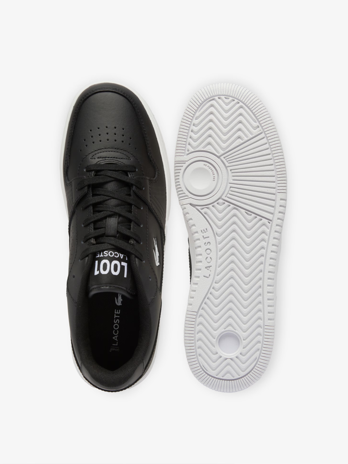 LACOSTE L001 Set black leather sneakers top view displaying black laces, padded tongue and premium leather construction