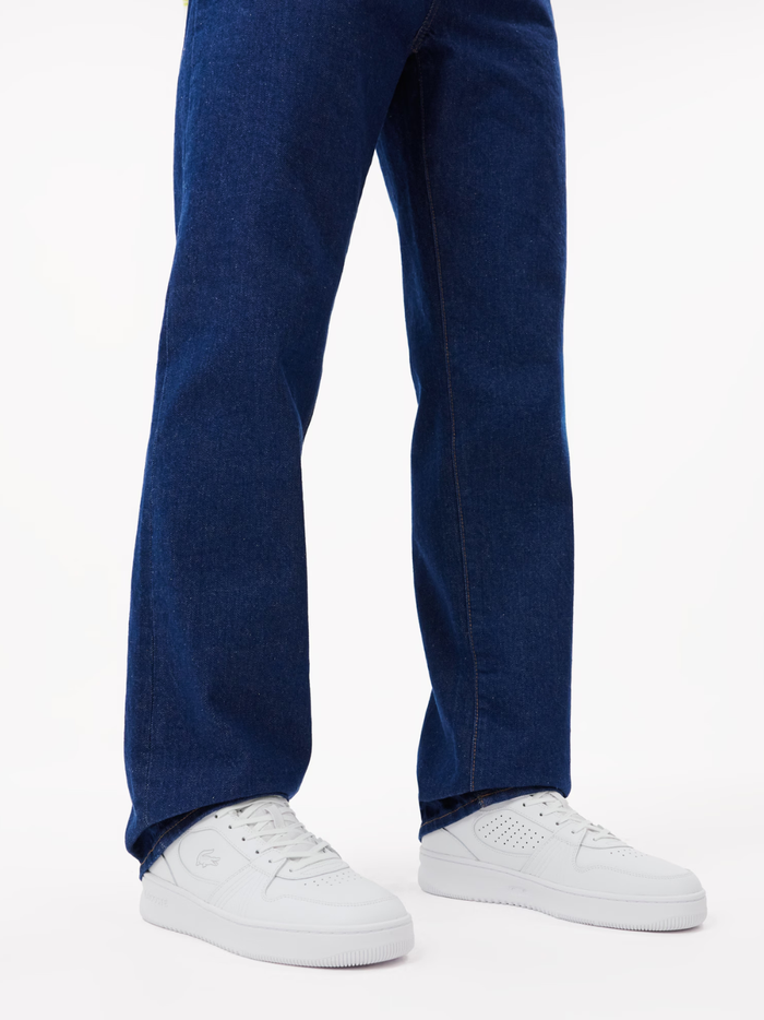 LACOSTE L001 Set White Leather Sneakers - Overhead View of White Laces and Perforated Detailing