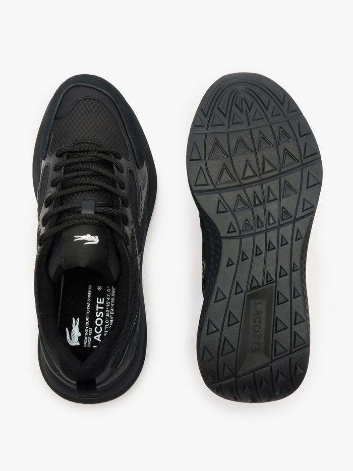 LACOSTE L003 Evo Black Sneakers - Overhead View of Black Laces and Textured Upper Details