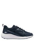 LACOSTE L003 Evo men's sneakers in navy blue and white with mesh panels, green crocodile logo, and chunky white sole, side view