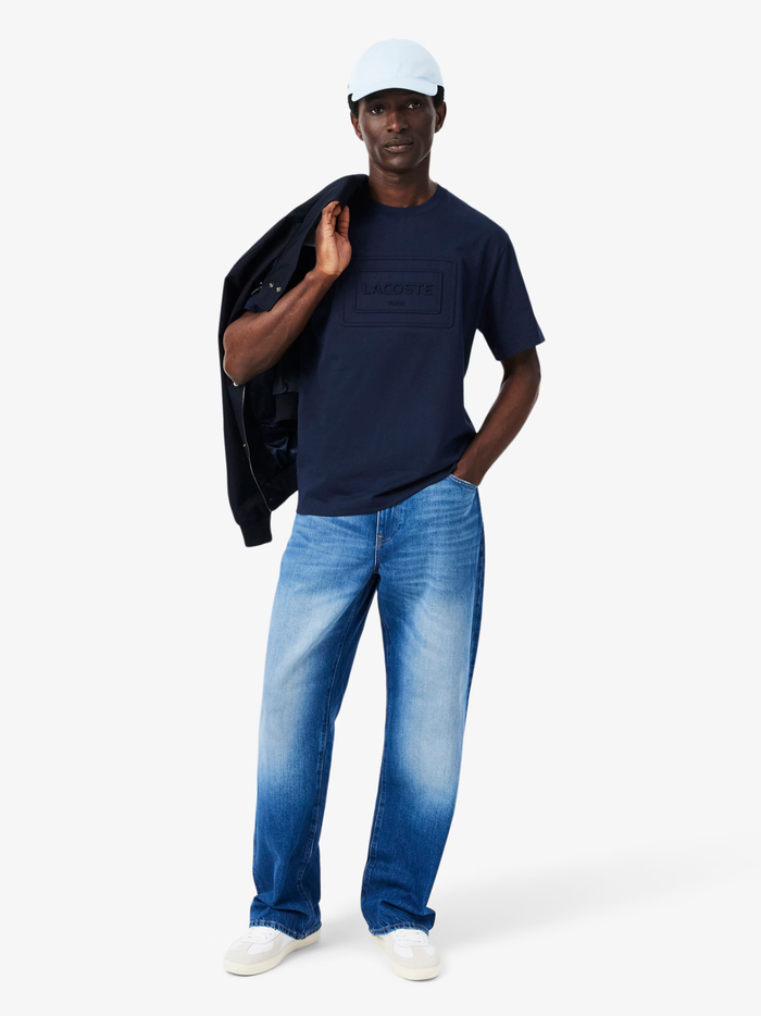 LACOSTE Large Embossed Branding Cotton T-Shirt Midnight Blue - MAISONDEFASHION.COM
