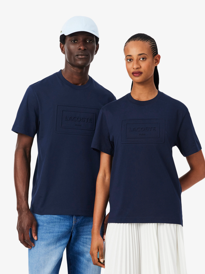 LACOSTE Large Embossed Branding Cotton T-Shirt Midnight Blue - MAISONDEFASHION.COM