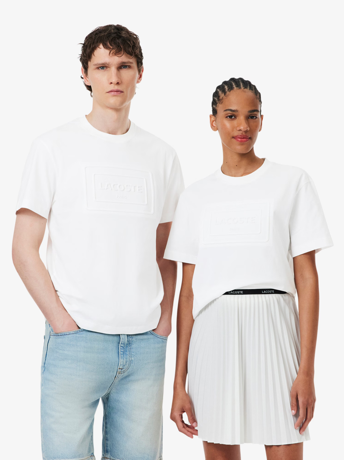 LACOSTE Large Embossed Branding Cotton T-shirt White - MAISONDEFASHION.COM