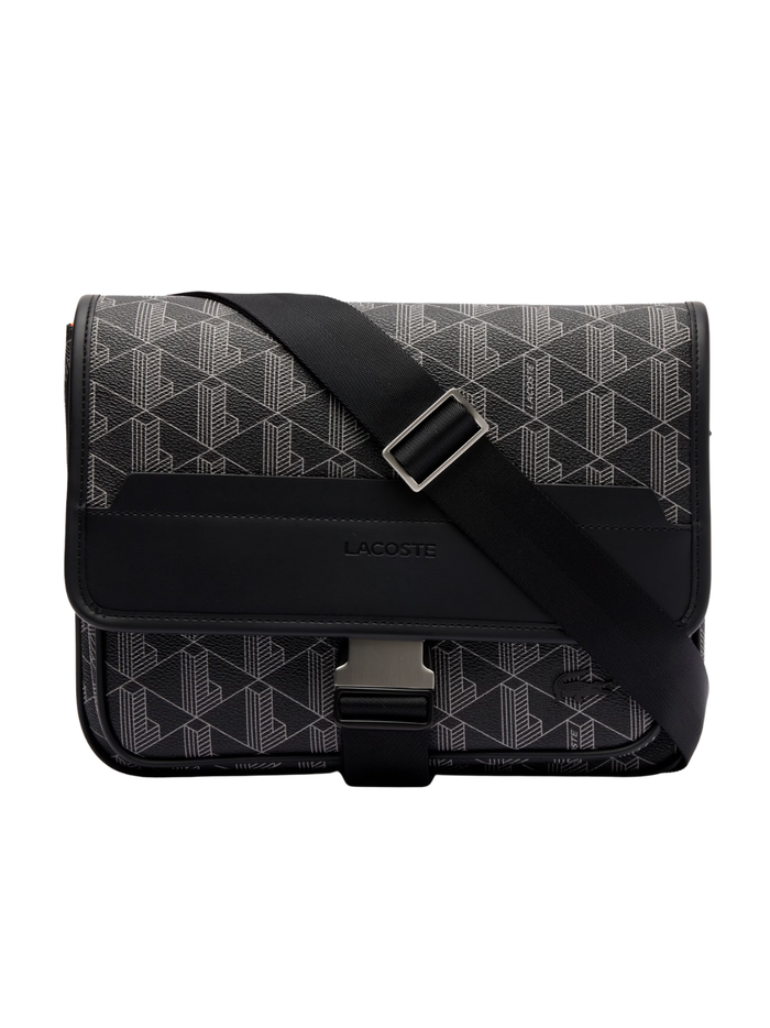 LACOSTE Large The Blend Flap Close Bag Monogram Black/Grey - MAISONDEFASHION.COM