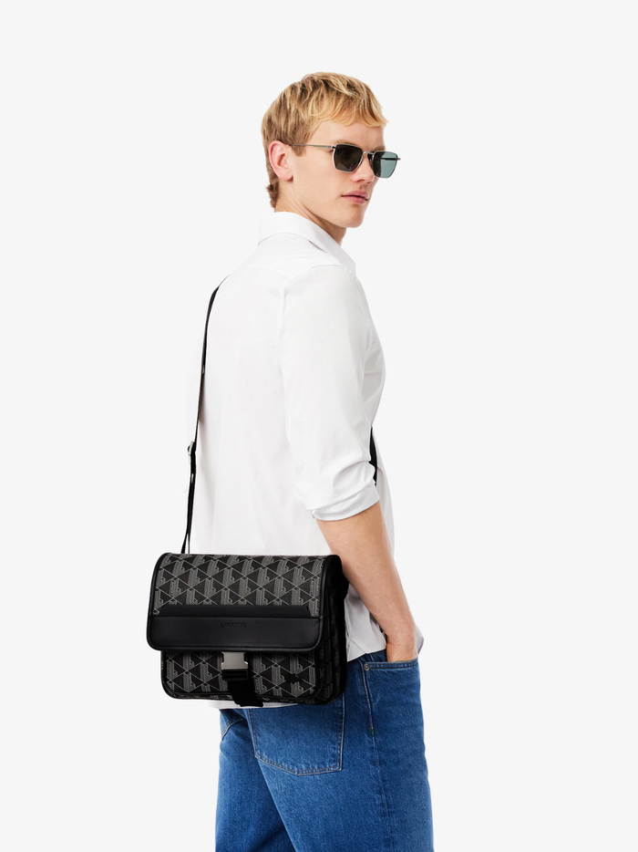 LACOSTE Large The Blend Flap Close Bag Monogram Black/Grey - MAISONDEFASHION.COM