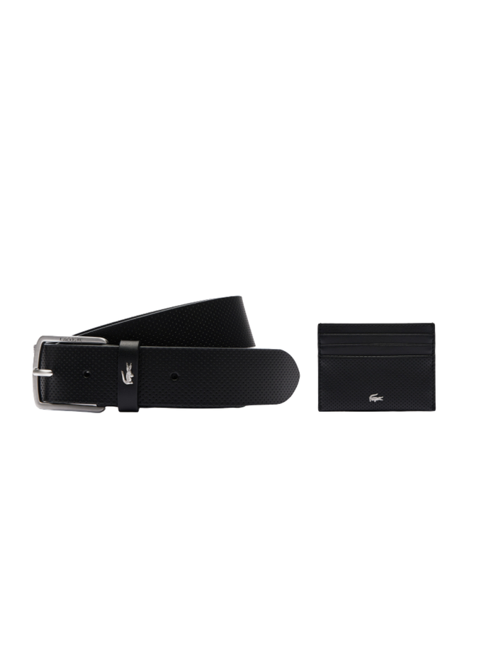 LACOSTE Leather Belt/Card Holder Gift Set Black - MAISONDEFASHION.COM