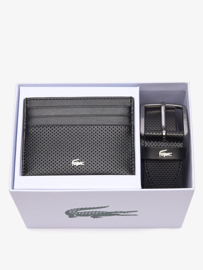 LACOSTE Leather Belt/Card Holder Gift Set Black - MAISONDEFASHION.COM