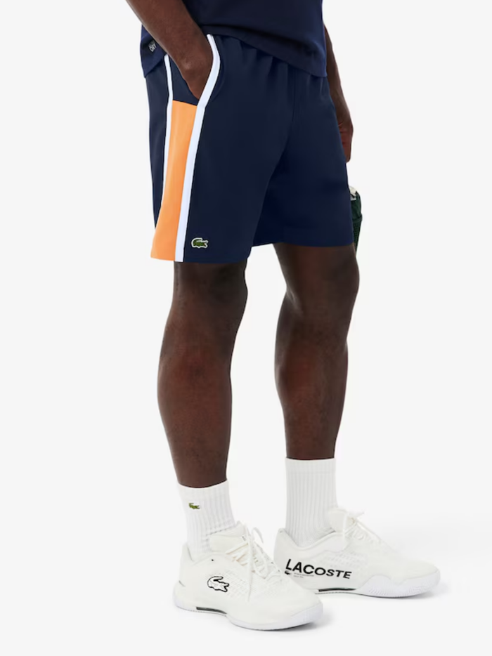 LACOSTE Lightweight Colour-Block Stripe Tennis Shorts Navy - MAISONDEFASHION.COM