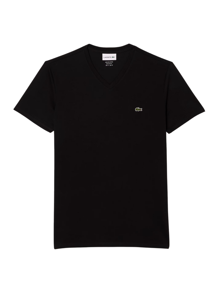 LACOSTE Lightweight Cotton Pima V Neck T-shirt in Black - front view showing classic v-neck design and iconic crocodile logo