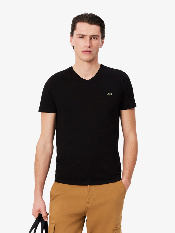 LACOSTE Black V Neck T-shirt - back view displaying clean silhouette and premium cotton pima fabric
