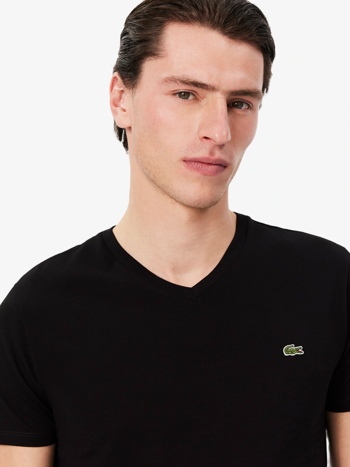 LACOSTE Cotton Pima V Neck T-shirt - close-up detail of black fabric texture and v-neckline