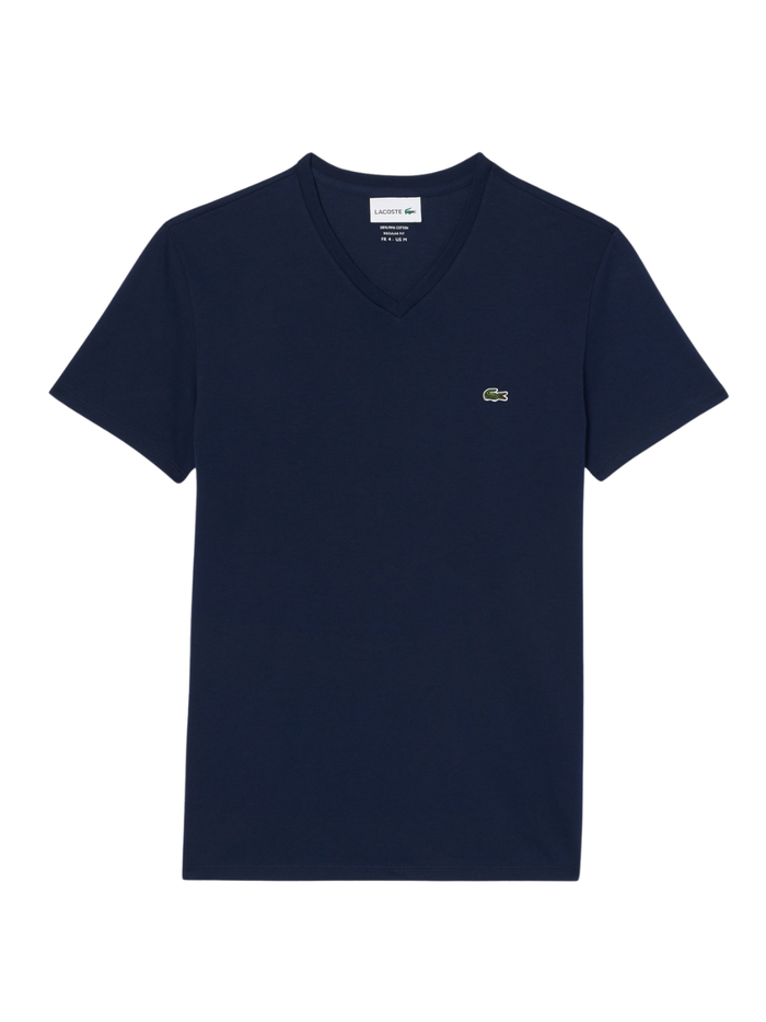 LACOSTE Lightweight Cotton Pima V Neck T-shirt in Midnight Blue - front view showing classic v-neck design and iconic crocodile logo
