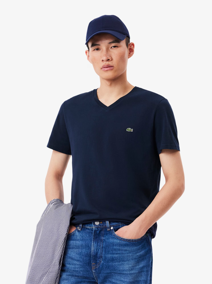 LACOSTE Midnight Blue V Neck T-shirt - back view displaying clean silhouette and premium cotton pima fabric