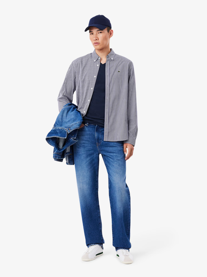 LACOSTE V Neck T-shirt in Midnight Blue - side profile view highlighting lightweight cotton construction and tailored fit