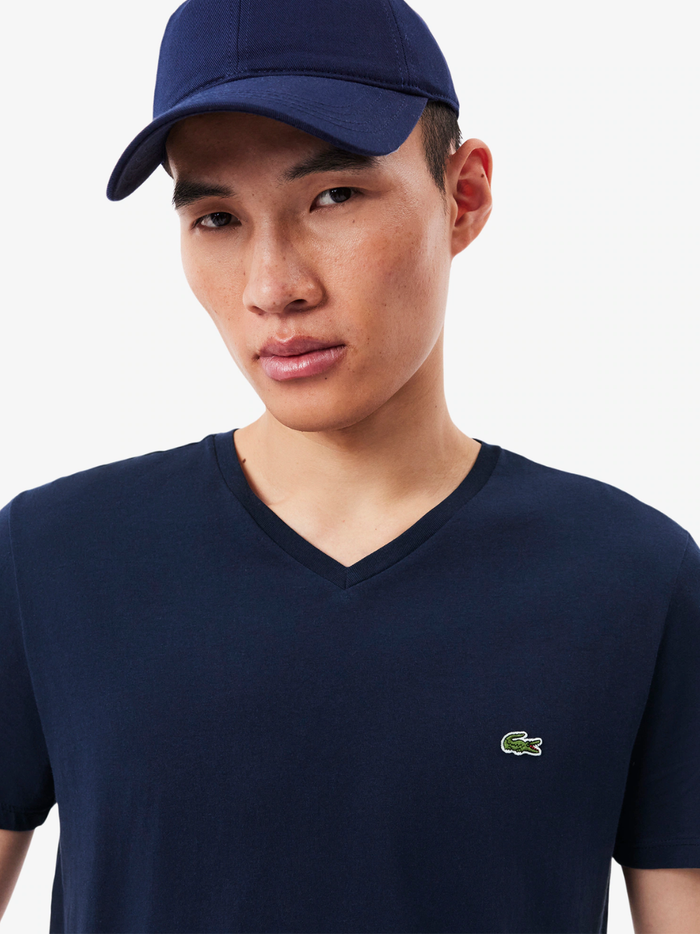 LACOSTE Cotton Pima V Neck T-shirt - close-up detail of midnight blue fabric texture and v-neckline