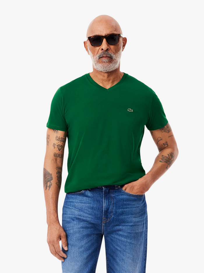 LACOSTE Pine Green V Neck T-shirt - back view displaying clean silhouette and premium cotton pima fabric