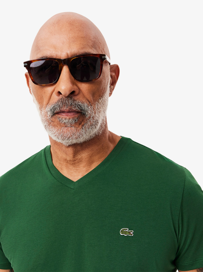 LACOSTE Cotton Pima V Neck T-shirt - close-up detail of pine green fabric texture and v-neckline