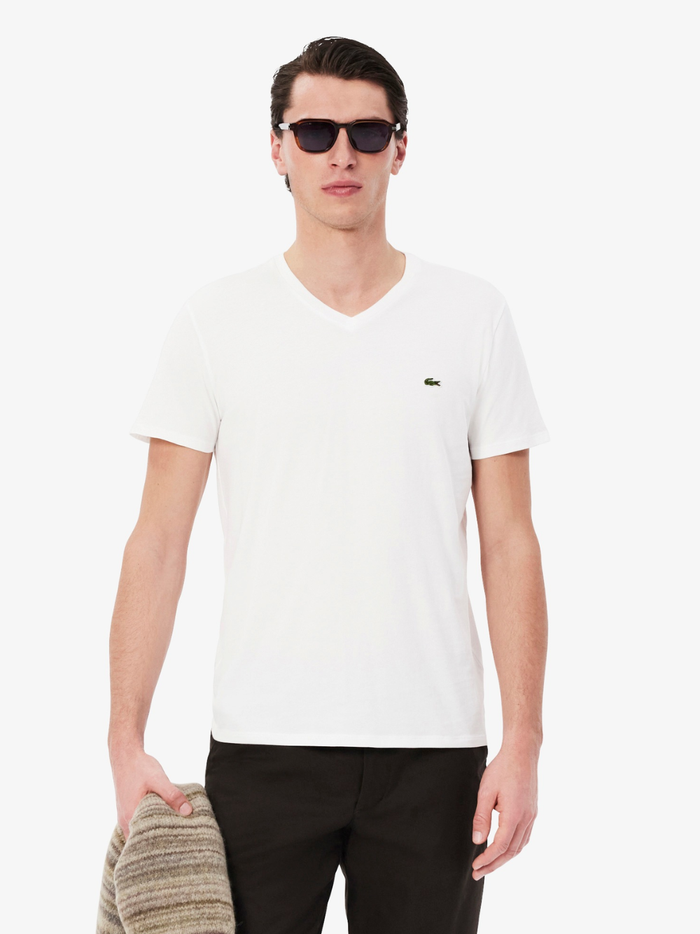 LACOSTE Lightweight Cotton Pima V Neck T-shirt White - MAISONDEFASHION.COM