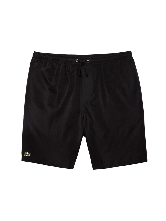 LACOSTE lightweight diamond taffeta sport shorts in black with embroidered crocodile logo and drawstring waist