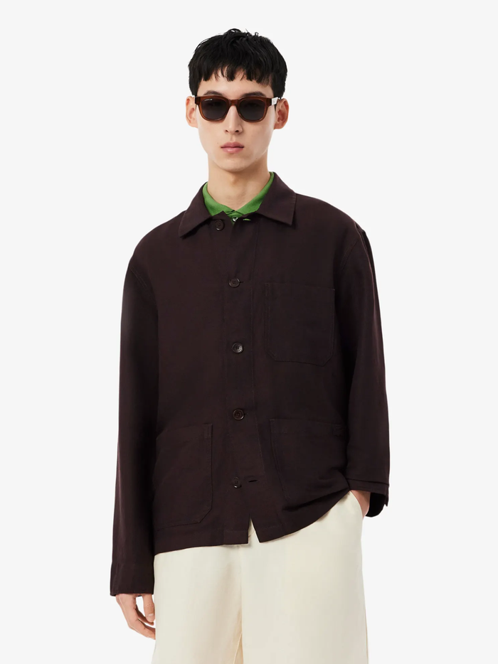 LACOSTE Linen Blend Overshirt Brown - MAISONDEFASHION.COM