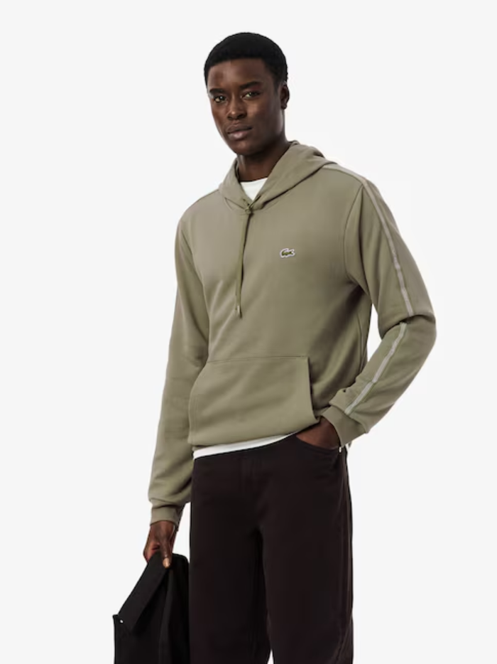 LACOSTE Logo Stripe Zipped Hoodie Khaki Green - MAISONDEFASHION.COM