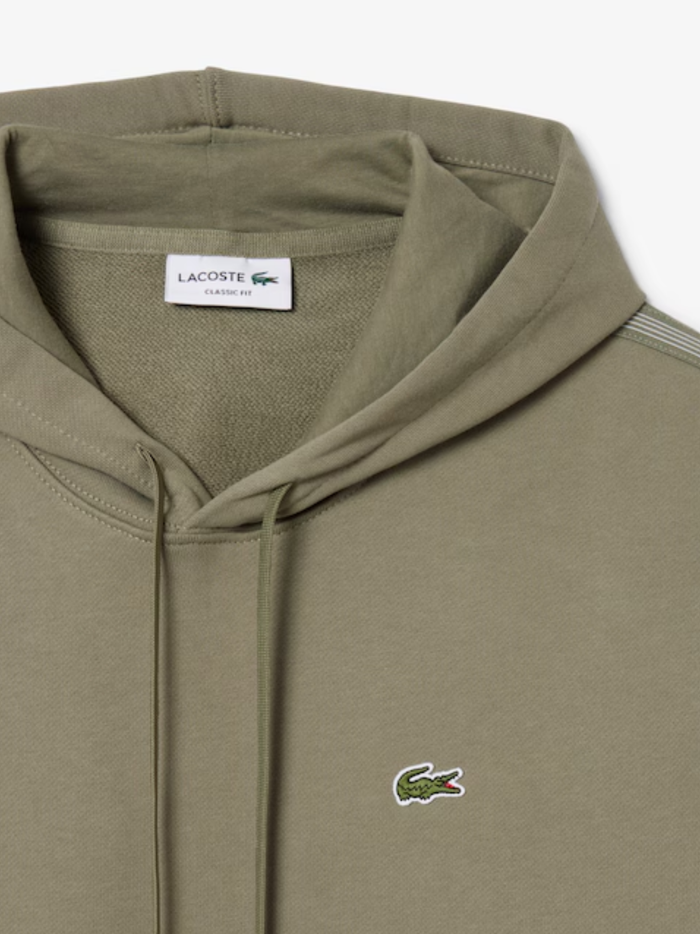 LACOSTE Logo Stripe Zipped Hoodie Khaki Green - MAISONDEFASHION.COM