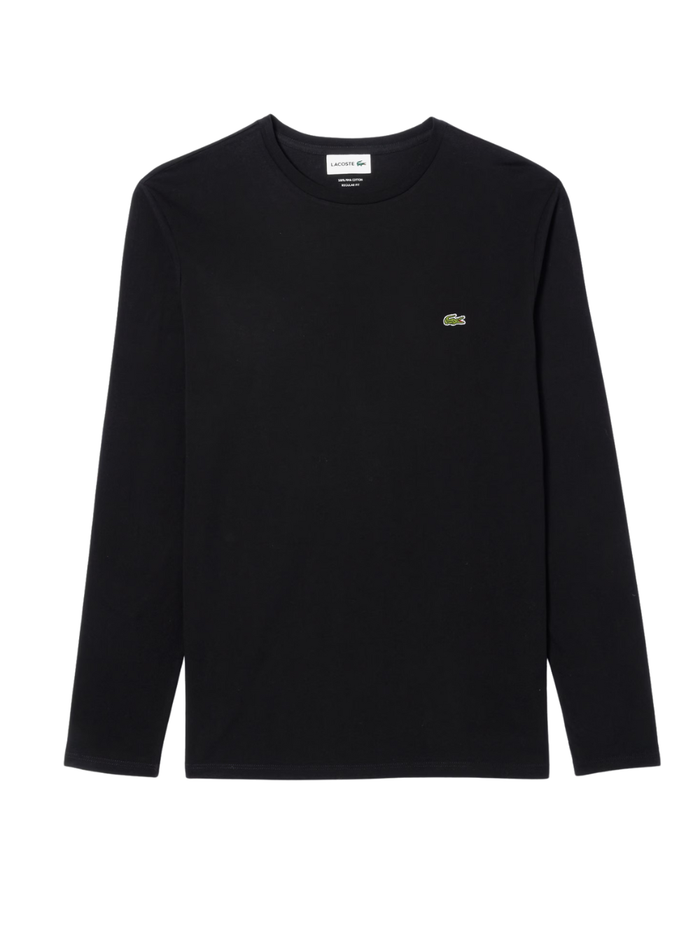 LACOSTE Long Sleeved Cotton Pima T-shirt in Black - front view showing classic fit and iconic crocodile logo