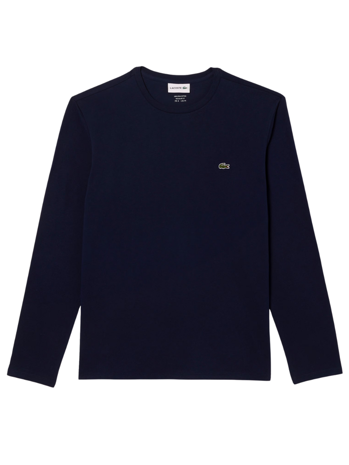 LACOSTE Long Sleeved Cotton Pima T-shirt in Midnight Blue - front view showing classic fit and iconic crocodile logo