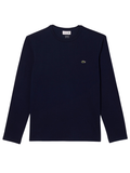 LACOSTE Long Sleeved Cotton Pima T-shirt in Midnight Blue - front view showing classic fit and iconic crocodile logo