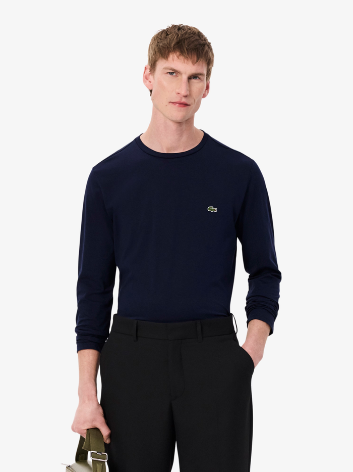 LACOSTE Long Sleeved Cotton Pima T-shirt in Midnight Blue - back view displaying clean design and premium cotton construction