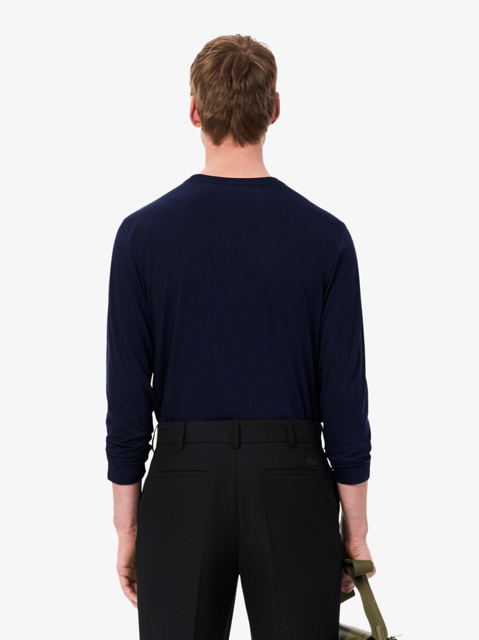 LACOSTE Long Sleeved Cotton Pima T-shirt in Midnight Blue - close-up of premium Pima cotton fabric texture and quality