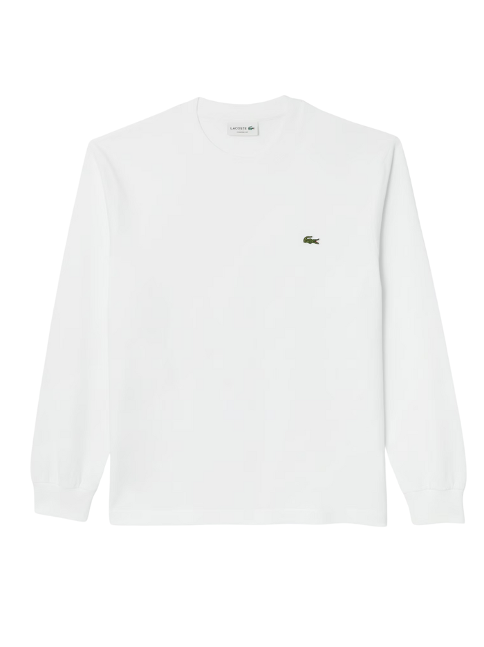 LACOSTE Long Sleeved Cotton T-shirt in White - front view showing classic fit and iconic crocodile logo