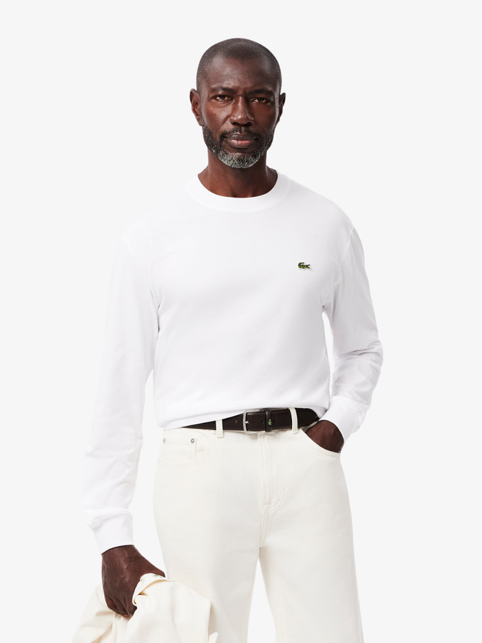LACOSTE Long Sleeved Cotton T-shirt in White - back view displaying clean design and premium cotton construction