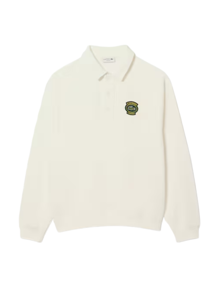 LACOSTE Loose Fit Polo Collar Fleece Sweatshirt White - MAISONDEFASHION.COM